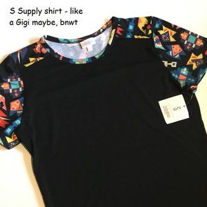 Small Lularoe Supply T, black with colorful sleeves
